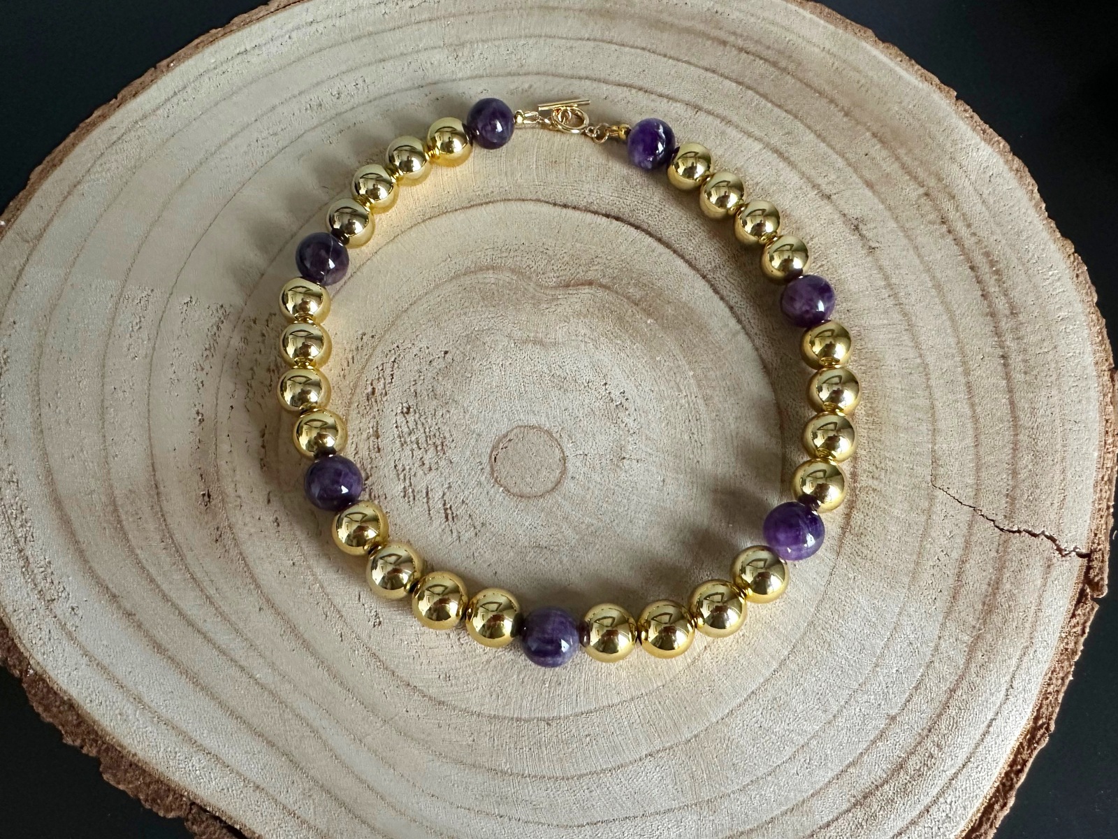 Collier/ketting rvs goud met amethist