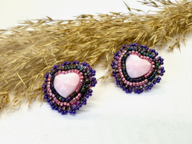 oorbellen bead embroidery hart roze multi colour