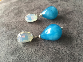 oorbellen oorstekers zilver met swarovski elements en chalcedoon druppels blauw