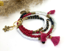 armband BOHO Chic zwart wit roze-rood