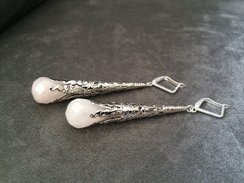 oorbellen XL zilver met rozenkwarts druppel facet