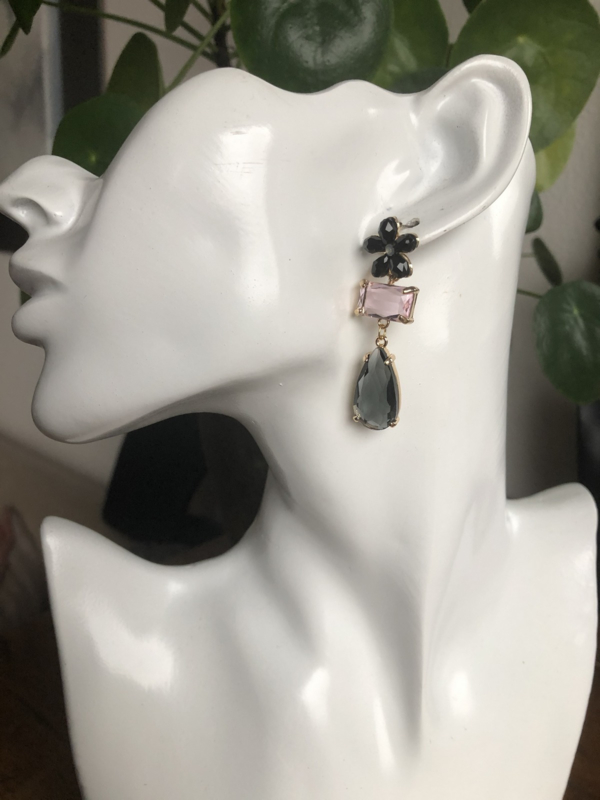 oorbellen met glaskristal zwart en roze