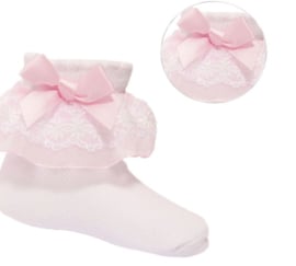 Babysokje Soft Touch wit met roze kant en strikje