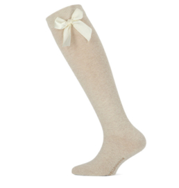 Kniekous Yellow Moon beige glitter met satijnen strik