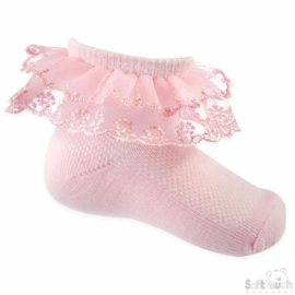 Babysokje Soft Touch  met organza versierd kant roze