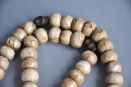 54 beads mala of petrified wood beads with bronze skulls, Nepal