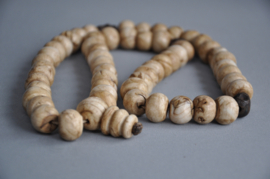 54 beads mala of petrified wood beads with bronze skulls, Nepal