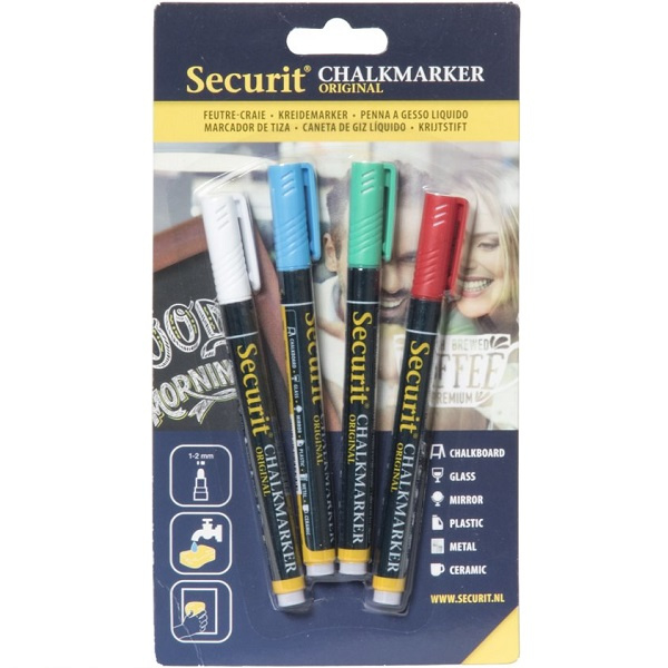 Krijtstift wit, rood, groen, blauw set 4 stuks (4xSmall 1-2mm) - Securit liquid chalkmarker color