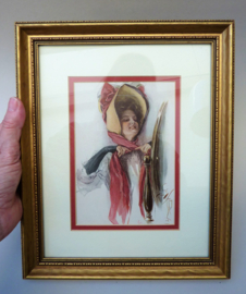 Harrison Fisher Art Nouveau print woman with hat and red scarf