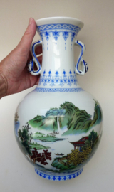 Chinese Mid Century porcelain vase landscape and calligraphy
