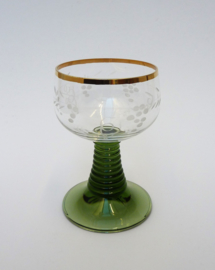 Crystal roemer glasses green trumpet stem gold rim