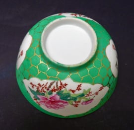 Chinese 1950s green porcelain bowl and spoon pink blossom and calligraphy