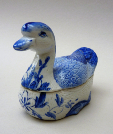 Vintage Chinese blue white porcelain duck butter dish