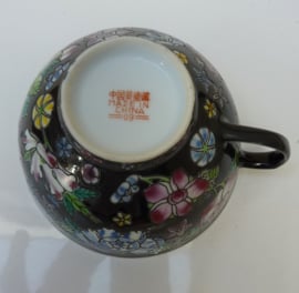 Chinese Jingdezhen black Millefleurs porcelain cup with saucer