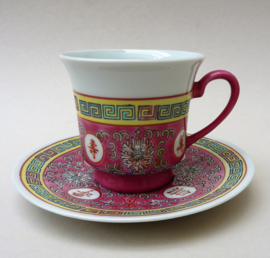 Chinese pink porcelain Wan Shou Wu Jiang cup with saucer