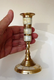 A pair of brass and mother of pearl candlesticks