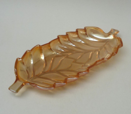 Marigold Carnival pressed glass leaf shaped dish