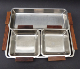 Kleeblatt West Germany Mid Century Modern stainless steel and teak snack set