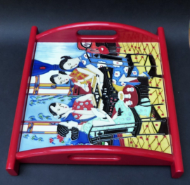 Red tray with ceramic tile Mahjong playing ladies