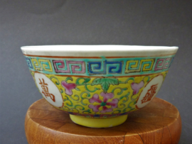Chinese Wan Shou Wu Jiang yellow porcelain bowl 19th century