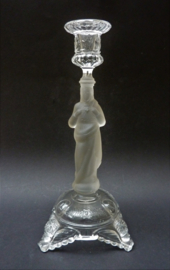 Val St Lambert pressed glass candlestick with religious figure