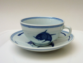 Chinese blue white Koi carp cup with saucer