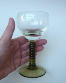 Crystal Art Deco roemer wine glasses with green ribbed stem