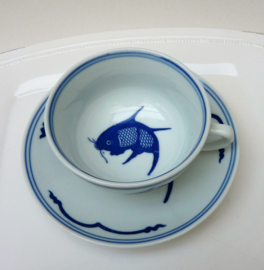 Chinese blue white Koi carp cup with saucer