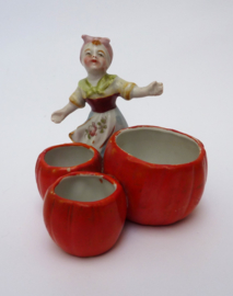 Antique German bisque porcelain girl figurine condiment set