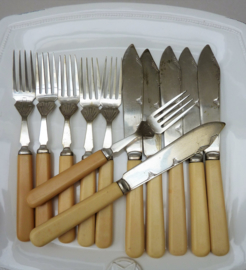 English Art Deco silver plated and ivorine fish knives and forks