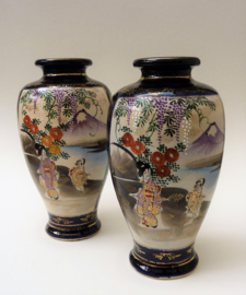 A pair of Japanese Meiji Satsuma Gosu Cobalt Blue vases