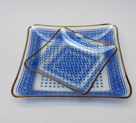 Chance Brothers glass dishes in blue and gold