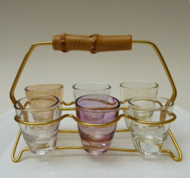 Mid Century Modern liqueur glasses in bamboo handled carrier