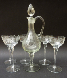 Murano engraved liqueur decanter and glasses with twisted stem