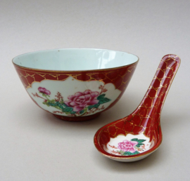 Chinese 1950 red porcelain bowl and spoon pink blossom and calligraphy