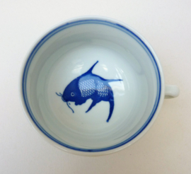 Chinese blue white Koi carp cup with saucer