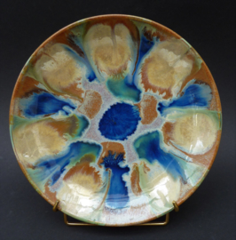 Studio pottery pedestal fruit dish with colorful glaze