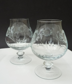 A pair of engraved Cognac Calvados tulip bowl glasses