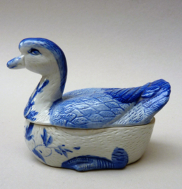 Vintage Chinese blue white porcelain duck butter dish