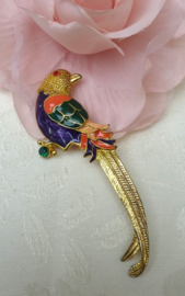 Gold tone Carven style enamelled Bird of Paradise brooch