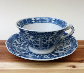 Blue white Kangxi style Chinoiserie teacup with saucer