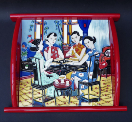 Red tray with ceramic tile Mahjong playing ladies