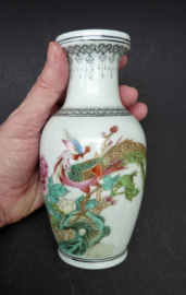 Chinese porcelain vase flowers peacock calligraphy Cultural Revolution