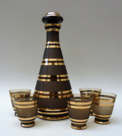 Mid Century smoke glass golden stripes decanter with glasses