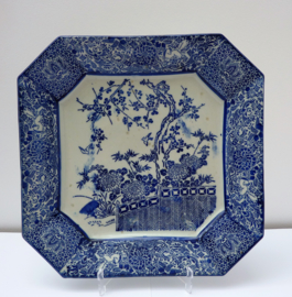 Japanse Meiji octagonale blauw wit porseleinen Inban schaal