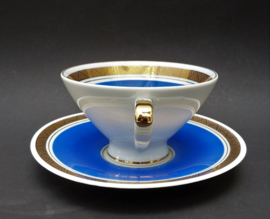 Mid Century royal blue and gold tea cup with saucer