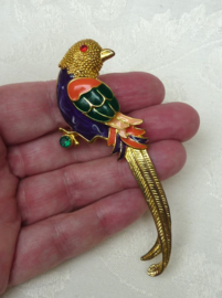Gold tone Carven style enamelled Bird of Paradise brooch