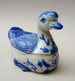 Vintage Chinese blue white porcelain duck butter dish