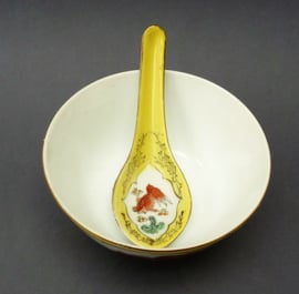 Chinese yellow bowl and spoon Koi carp and calligraphy