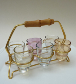 Mid Century Modern liqueur glasses in bamboo handled carrier